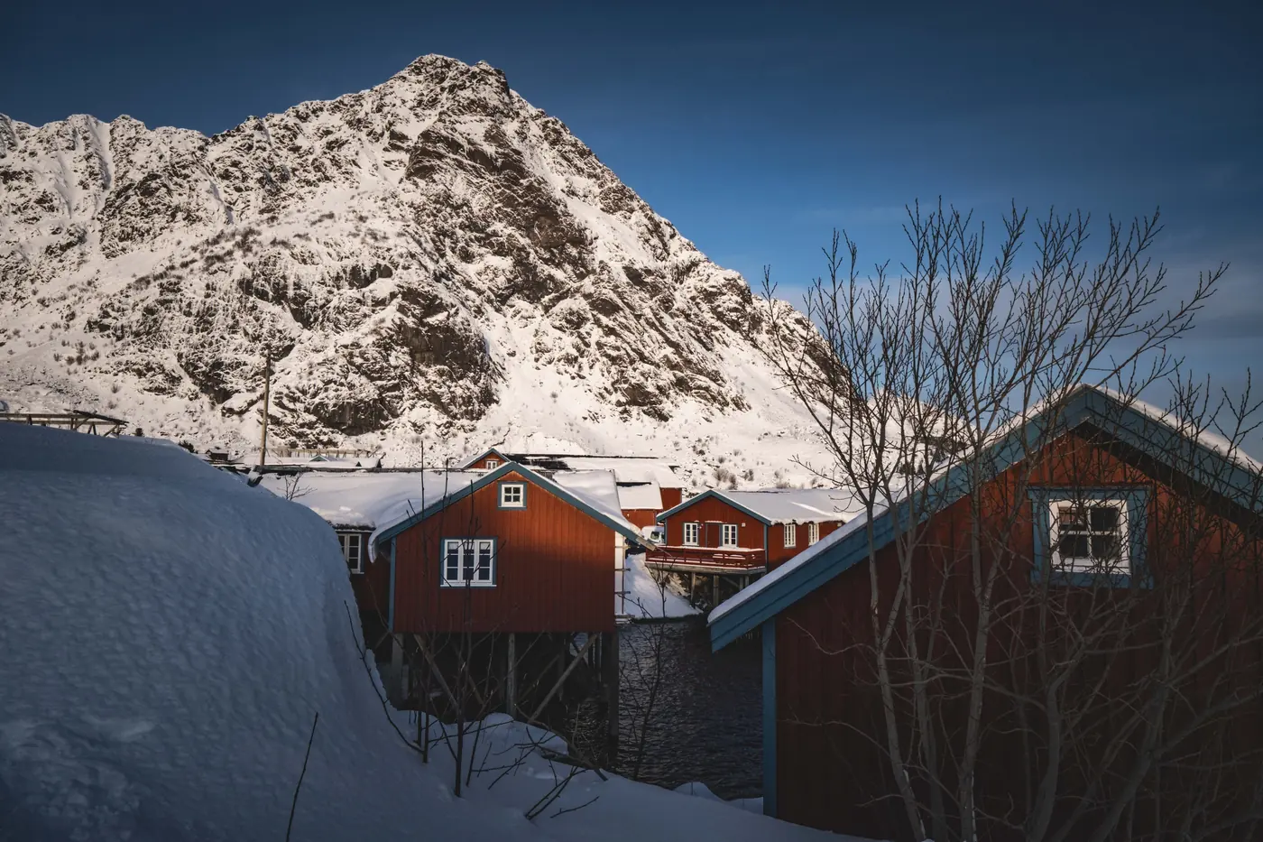 Red fishermen's cabins on the quay at Ballstad in Lofoten during the winter blue hour